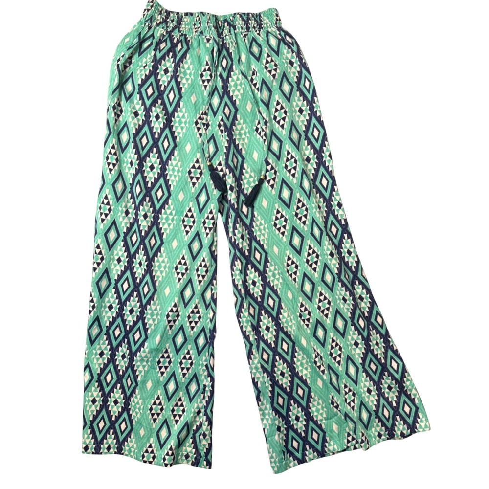 BOHO Wide Leg Palazzo Pants Size S Green Geometric Smocked Waist Festival Flowy